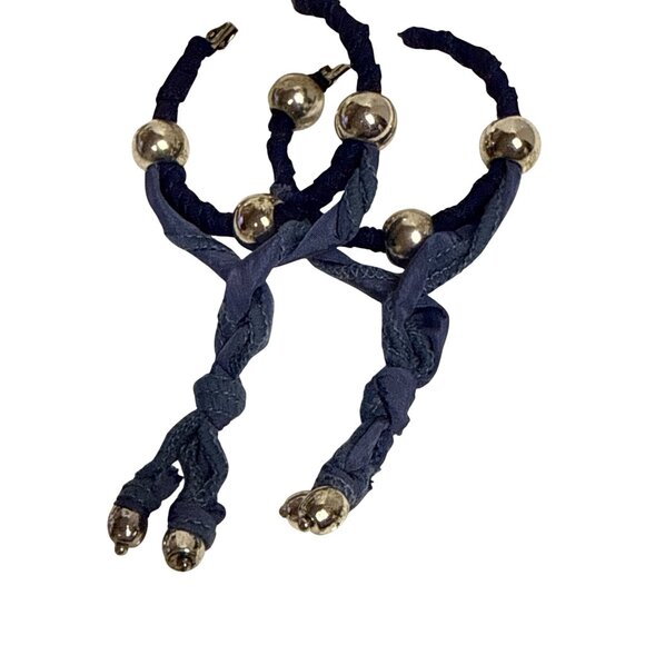 Free People Women's Earrings Blue Fabric Wrapped Hoops Silver Beads NEW Boho - Picture 2 of 3